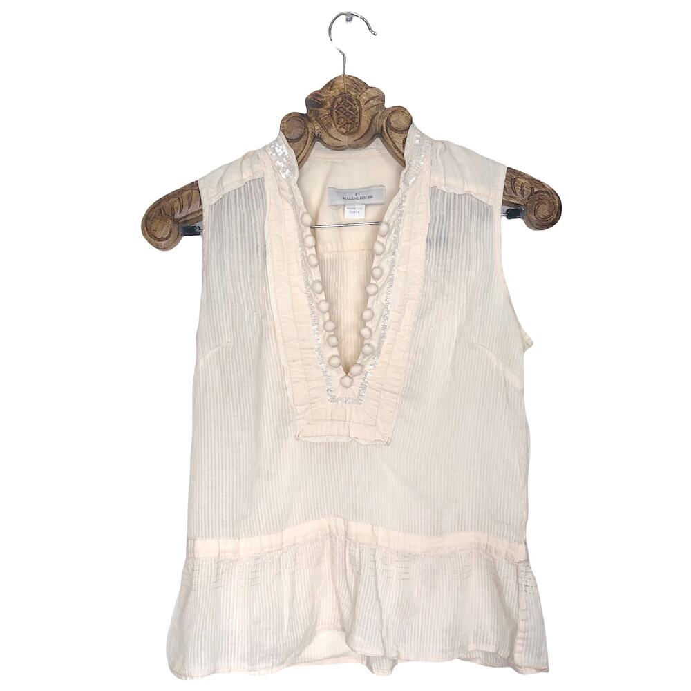 Malene Birger Pom and Sequin Split Neck Peplum Drop Waist Sleeveless Blouse